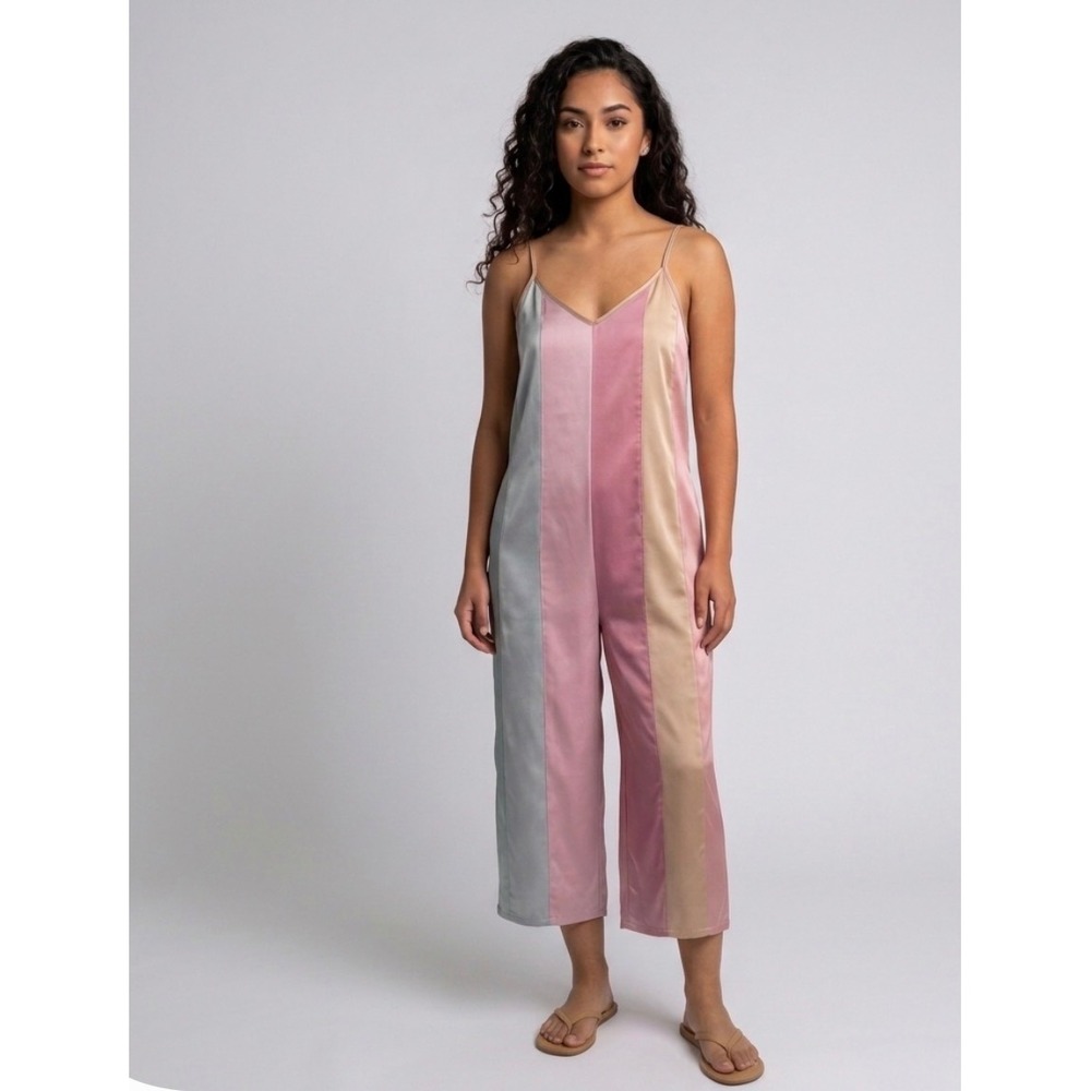 Storia Pastel Stripe Jumpsuit Small Colorblock Wide Leg Satin Beach Resort Wear